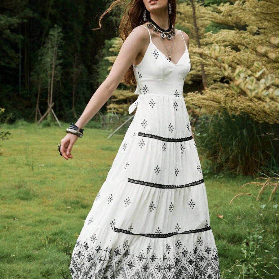 Florisole Bohemian Style Vacation Embroidered Multi-Layer Patchwork Dress For Women