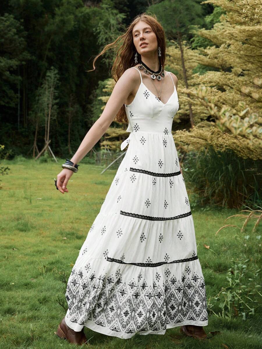 Florisole Bohemian Style Vacation Embroidered Multi-Layer Patchwork Dress For Women