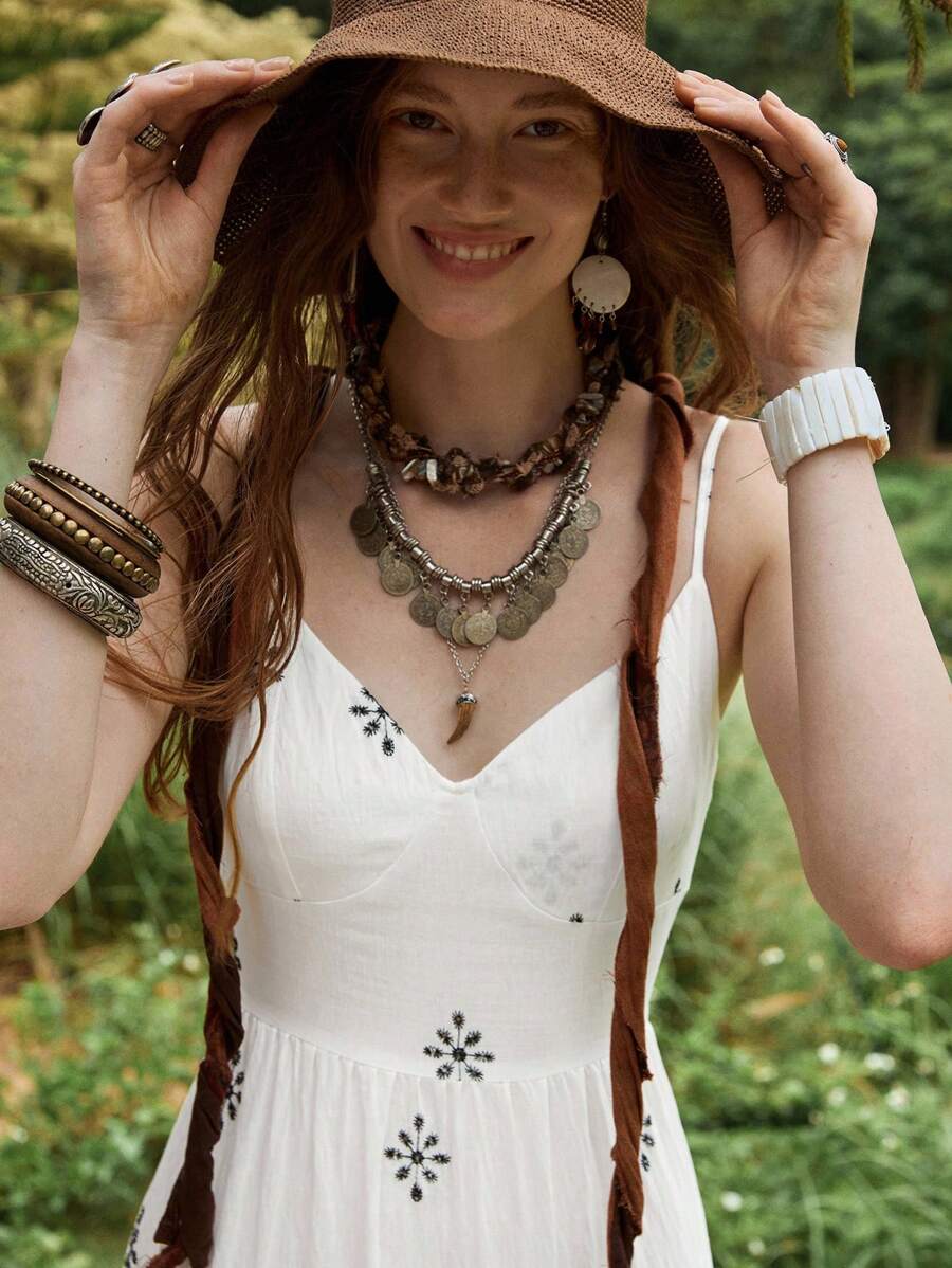 Florisole Bohemian Style Vacation Embroidered Multi-Layer Patchwork Dress For Women