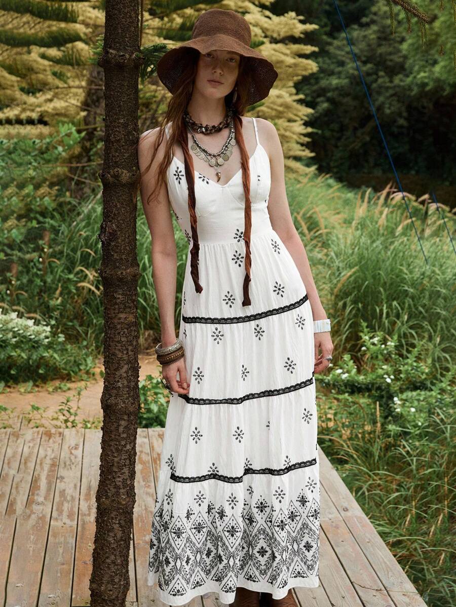 Florisole Bohemian Style Vacation Embroidered Multi-Layer Patchwork Dress For Women