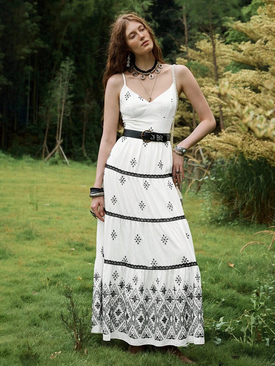 Florisole Bohemian Style Vacation Embroidered Multi-Layer Patchwork Dress For Women