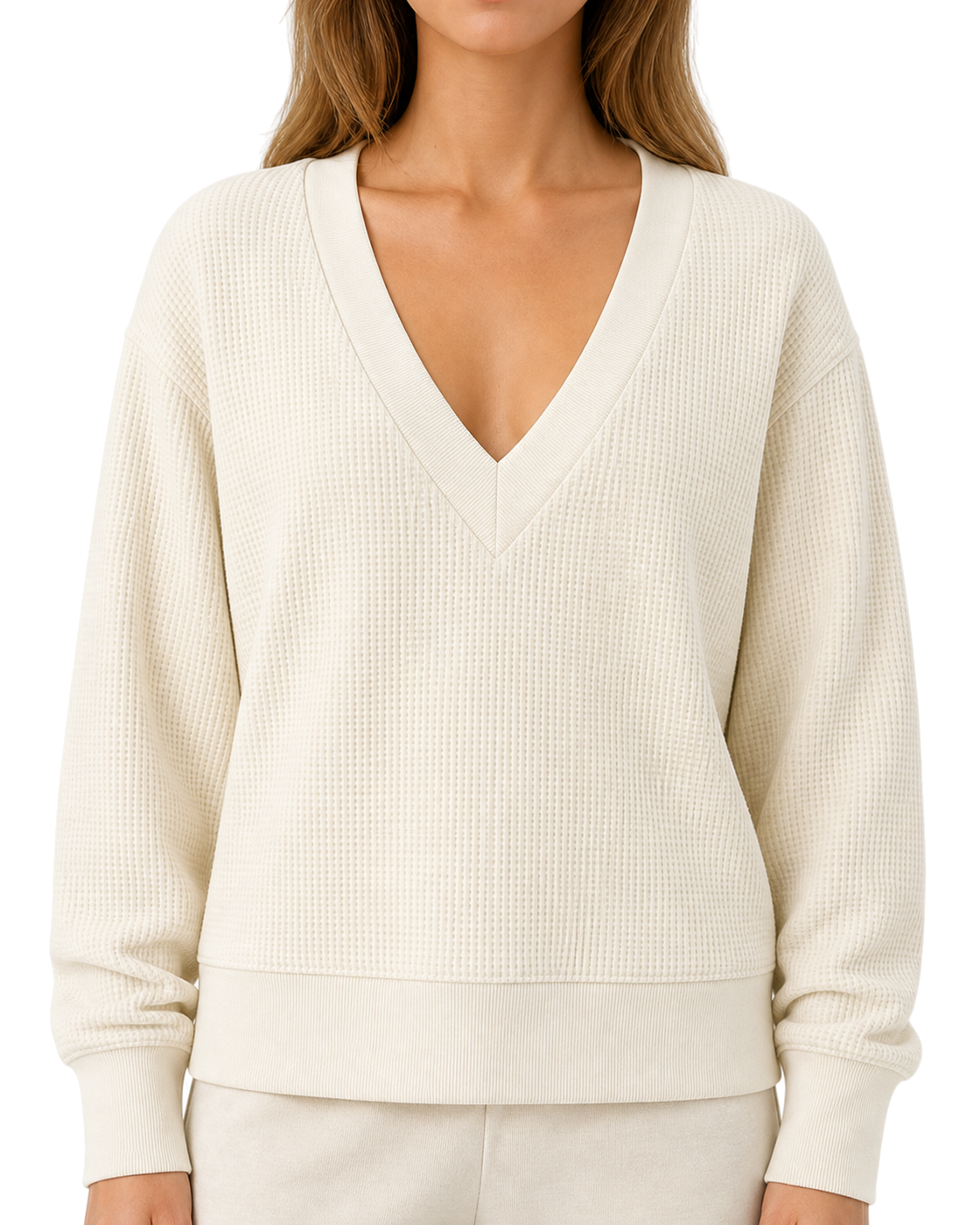 Negative Waffle Knit Deep V in Cream - view 3