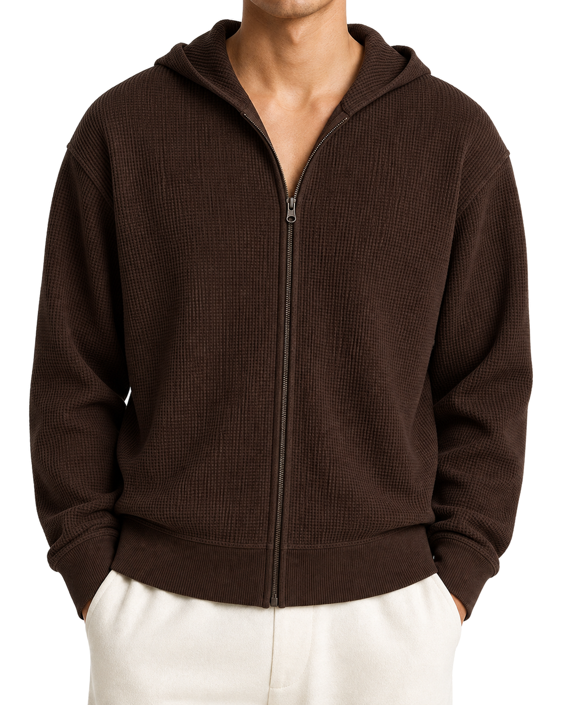 Negative Waffle Knit Zip-Up Hoodie in Espresso - view 3