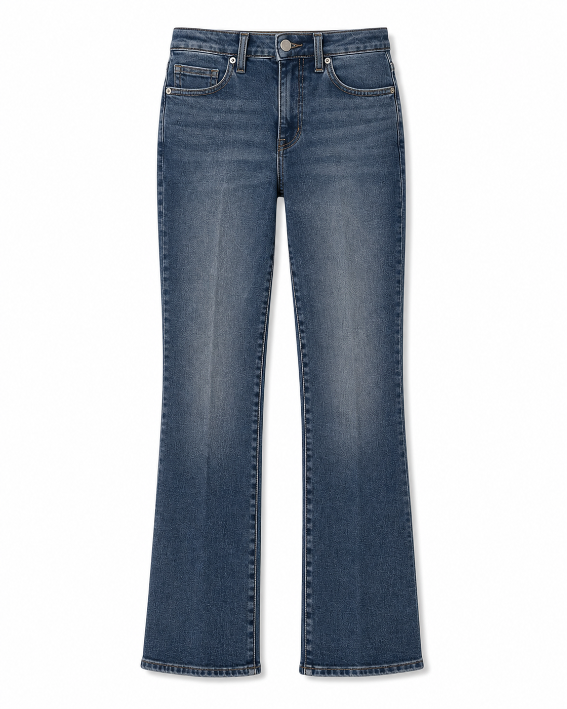 A pair of medium-wash blue denim jeans with a straight-leg or bootcut fit, shown flat against a plain white background.
