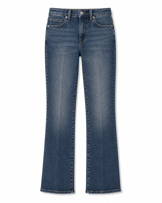 A pair of medium-wash blue denim jeans with a straight-leg or bootcut fit, shown flat against a plain white background.