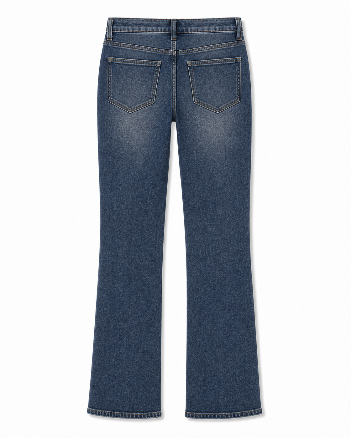 Back view of a pair of medium-wash blue denim jeans with a straight-to-flare leg, shown on a plain white background.